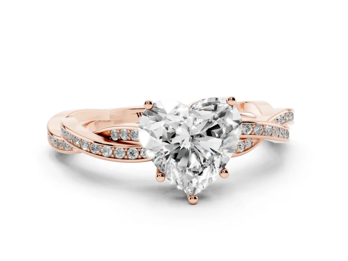 Heart Cut Solitaire Twisted Pave Diamond Ring with Four-Prong Setting Rose gold