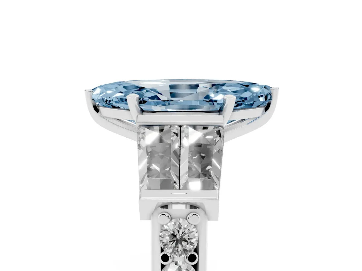 Fancy Blue Marquise Cut Diamond Engagement Ring with Baguette Side Stones and Channel Set Band Platinum