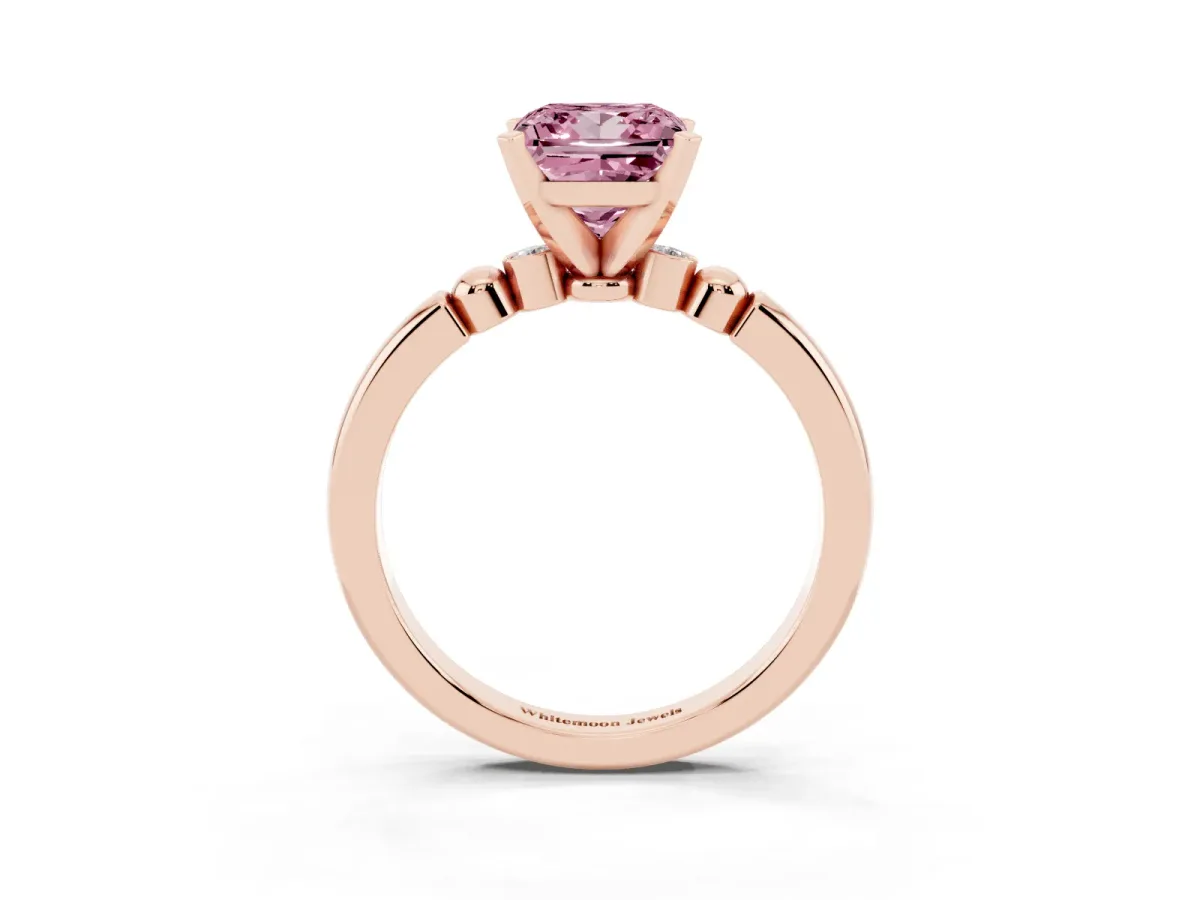 Fancy Pink Princess Cut Solitaire Beaded Band with Four-Prong Setting Rose gold