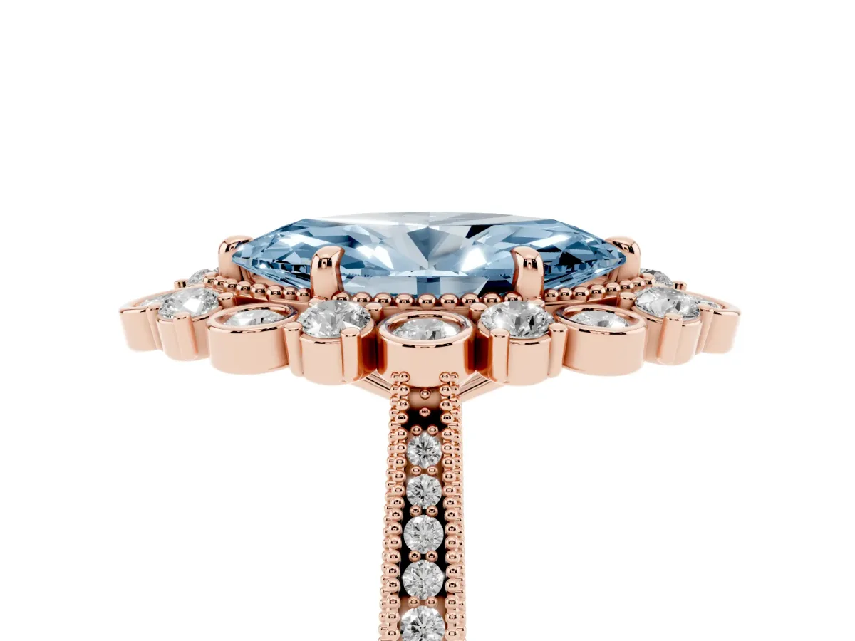 Fancy Blue Marquise Cut Halo Milgrain Pave Diamond Ring with Four-Prong Setting Rose gold