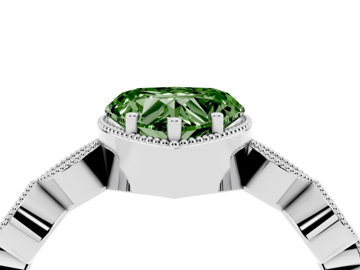 Fancy Green Heart Cut Diamond Vintage Milgrain Ring with Round Stations Silver