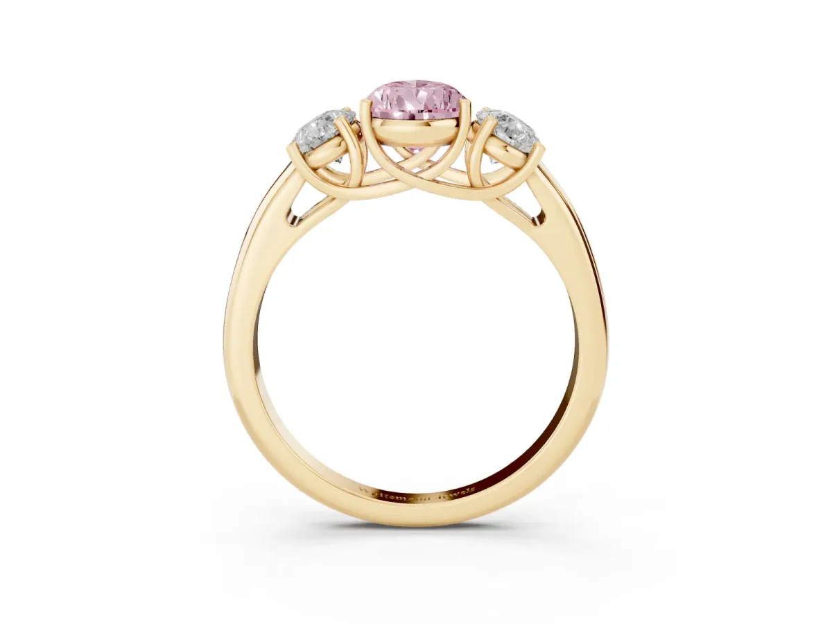 Fancy Pink Three-Stone Pear Cut Diamond Engagement Ring with Prong Setting Yellow gold