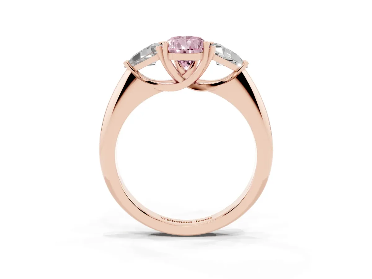 Fancy Pink Three-Stone Pear Cut Diamond Engagement Ring with Trillion Side Stones and Prong Setting Rose gold