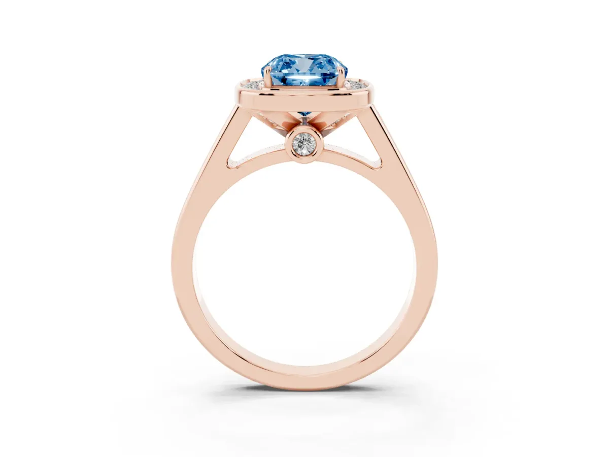 Fancy Blue Cushion Cut Halo Solitaire Diamond Ring with Pave Band and Bezel Setting Rose gold