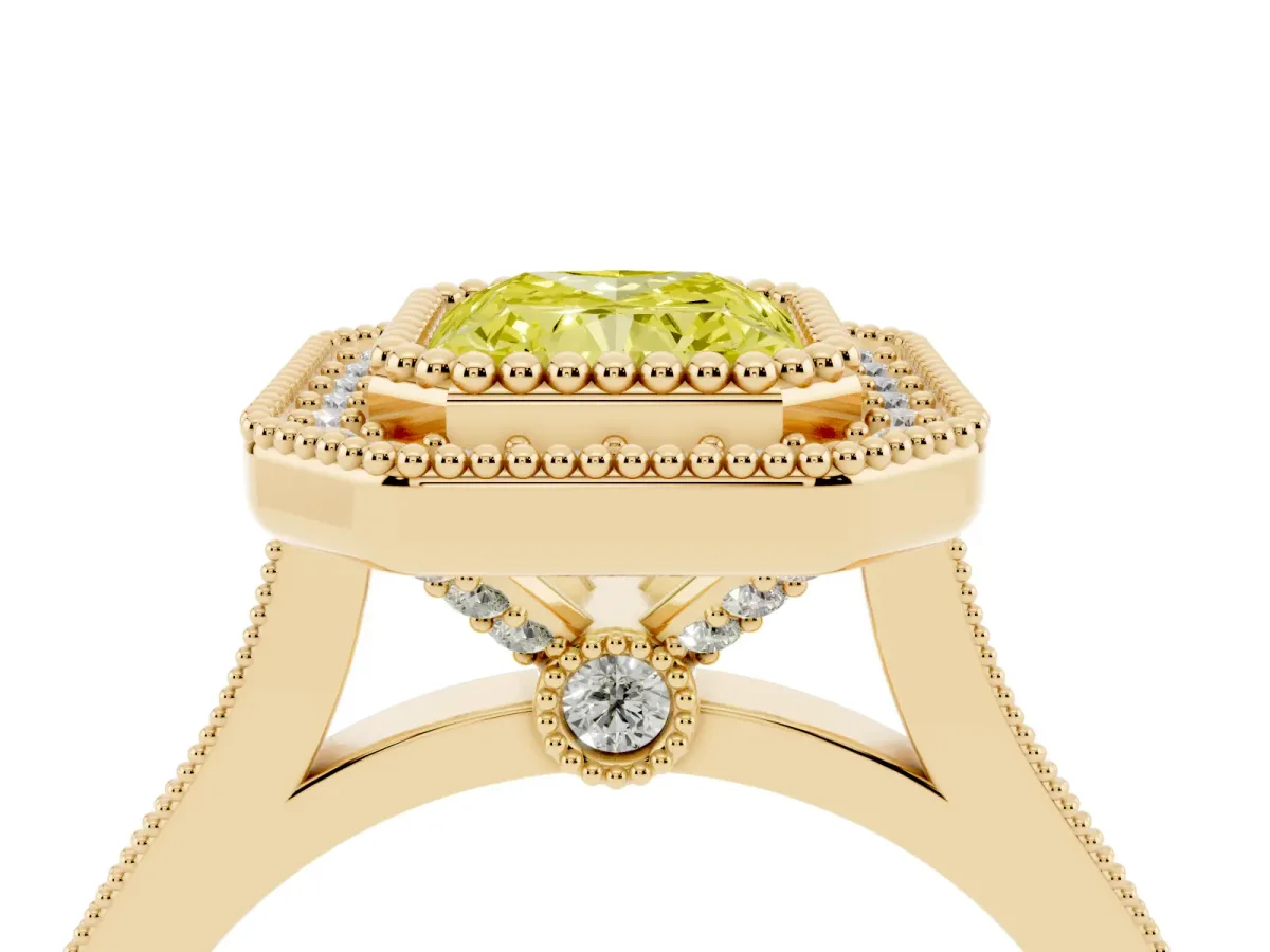 Fancy Yellow Radiant Cut Diamond Halo Ring with Milgrain Frame and Pavé Band Yellow gold