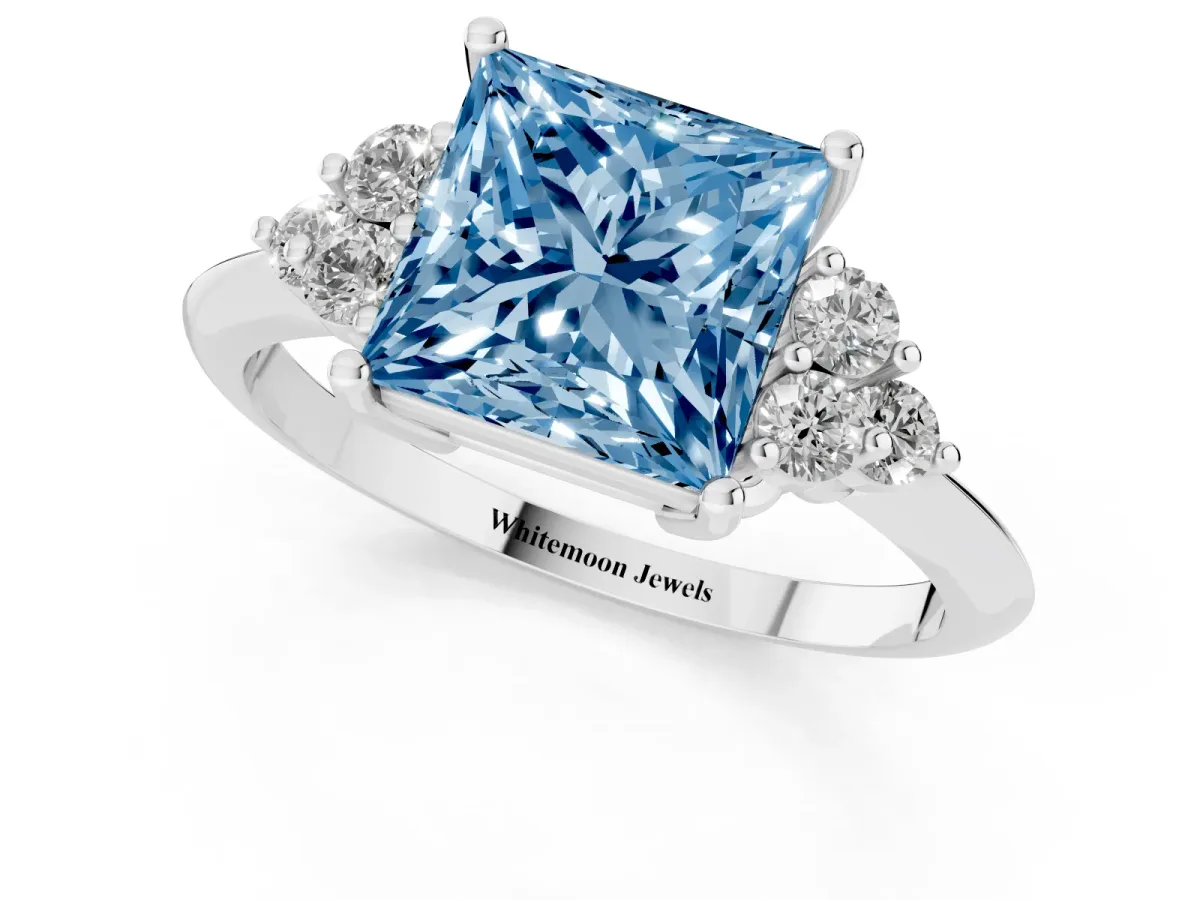 Fancy Blue Princess Cut Cut Diamond Cluster Ring with Solitaire Band and Four-Prong Setting Silver