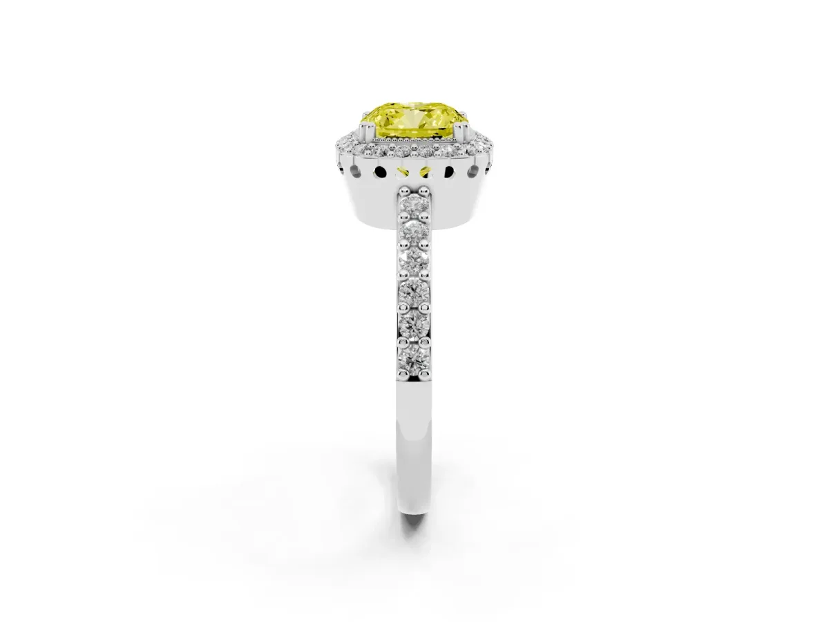 Fancy Yellow Cushion Cut Cut Diamond Halo Engagement Ring with Milgrain Detail and Pavé Band Platinum