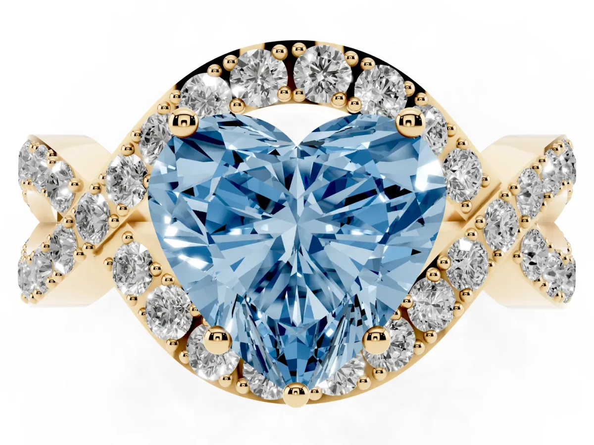 Fancy Blue Heart Cut Solitaire Twist Band Pavé Diamond Engagement Ring Yellow gold