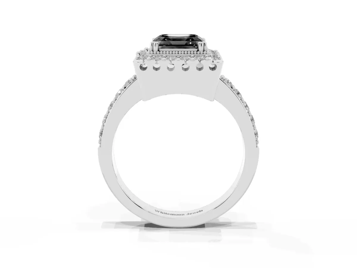 Fancy Black Asscher Cut Diamond Halo Ring with Pavé Band and Prong Setting Platinum