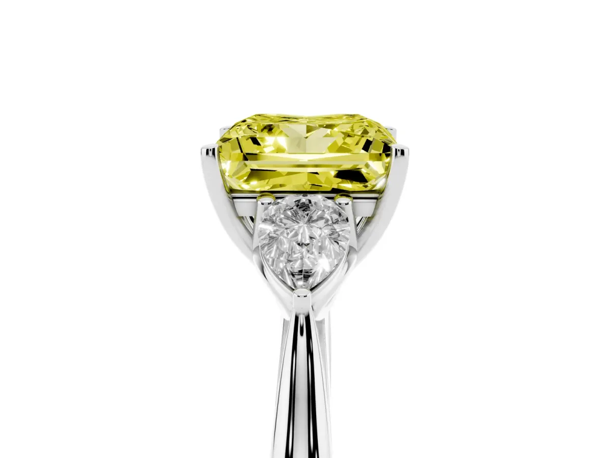 Fancy Yellow Three-Stone Princess Cut Diamond Ring with Pear Side Stones in Four-Prong Setting Silver