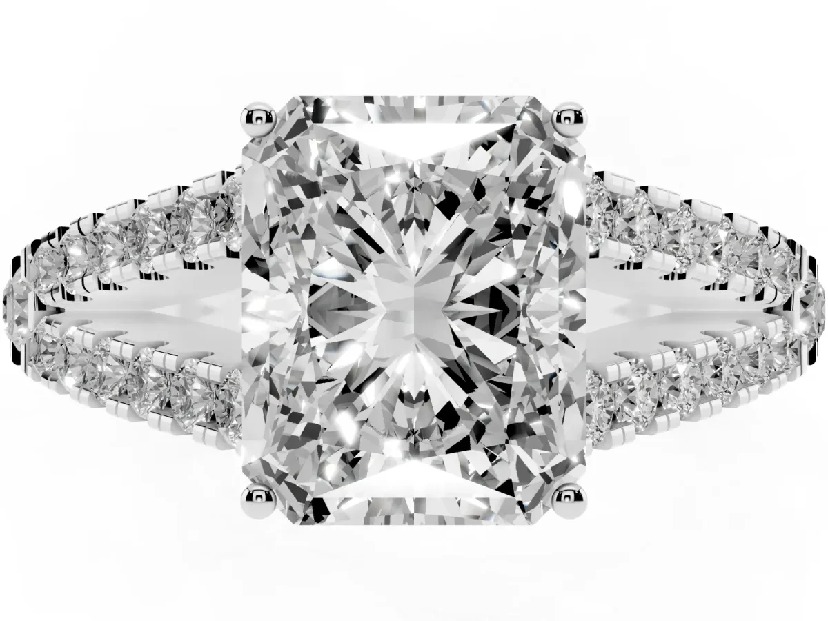 Radiant Cut Diamond Split Shank Engagement Ring with Round Pavé and Prong Setting Silver