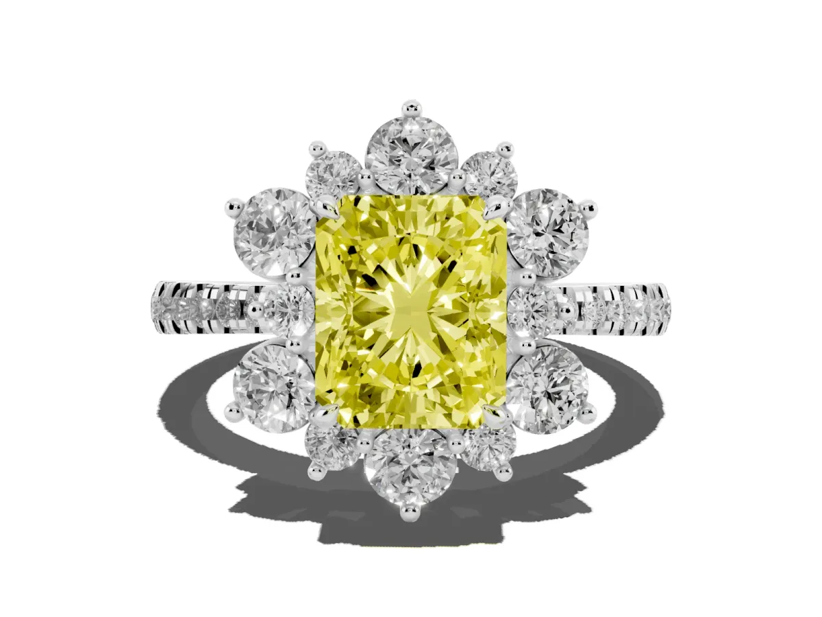 Fancy Yellow Radiant Cut Diamond Floral Halo Ring with Round Pavé Band and Prong Setting Platinum