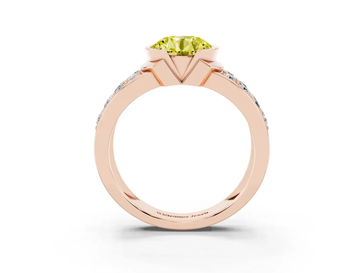Fancy Yellow Round Cut Brilliant Diamond Channel Set Wide Band Ring with Bezel Setting Rose gold