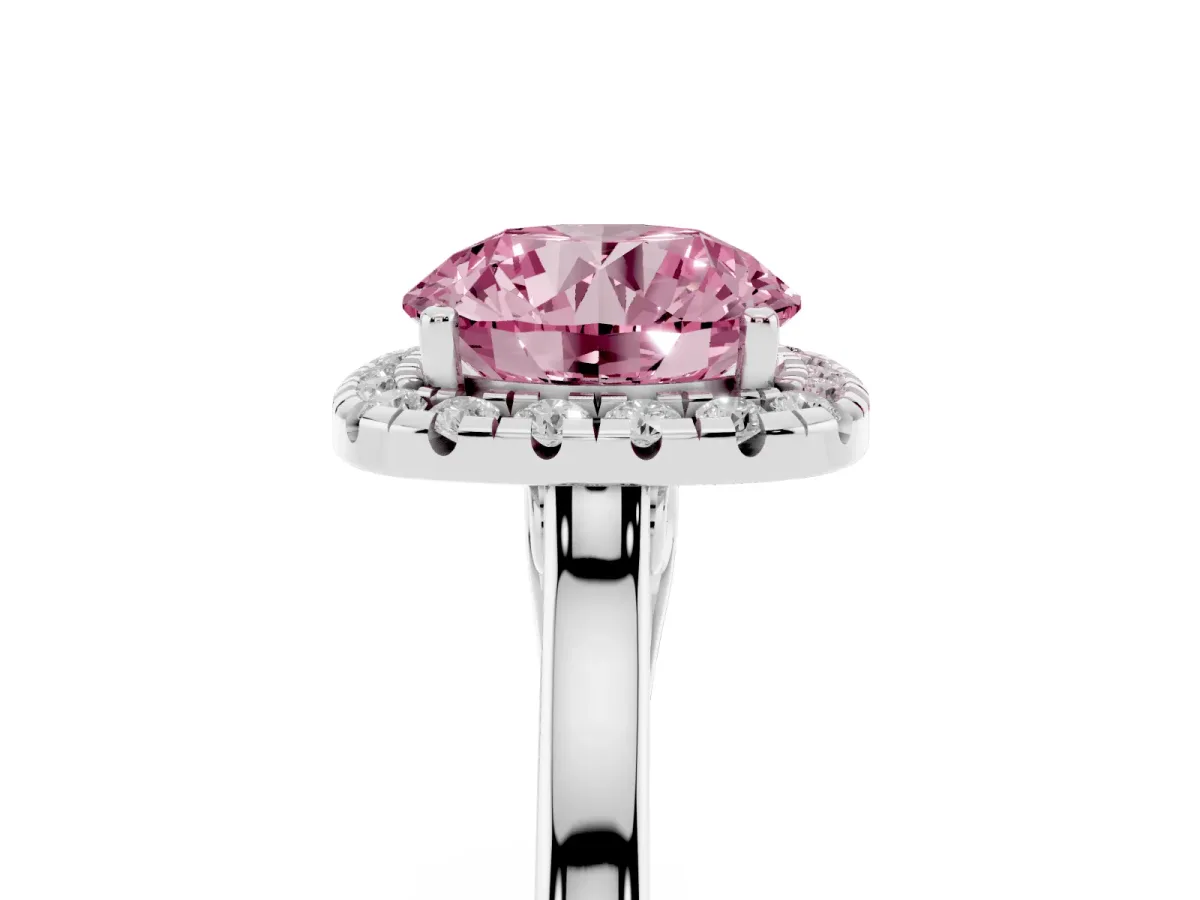 Fancy Pink Round Cut Halo Round Diamond Solitaire Ring with Pavé Band and Four-Prong Setting Silver
