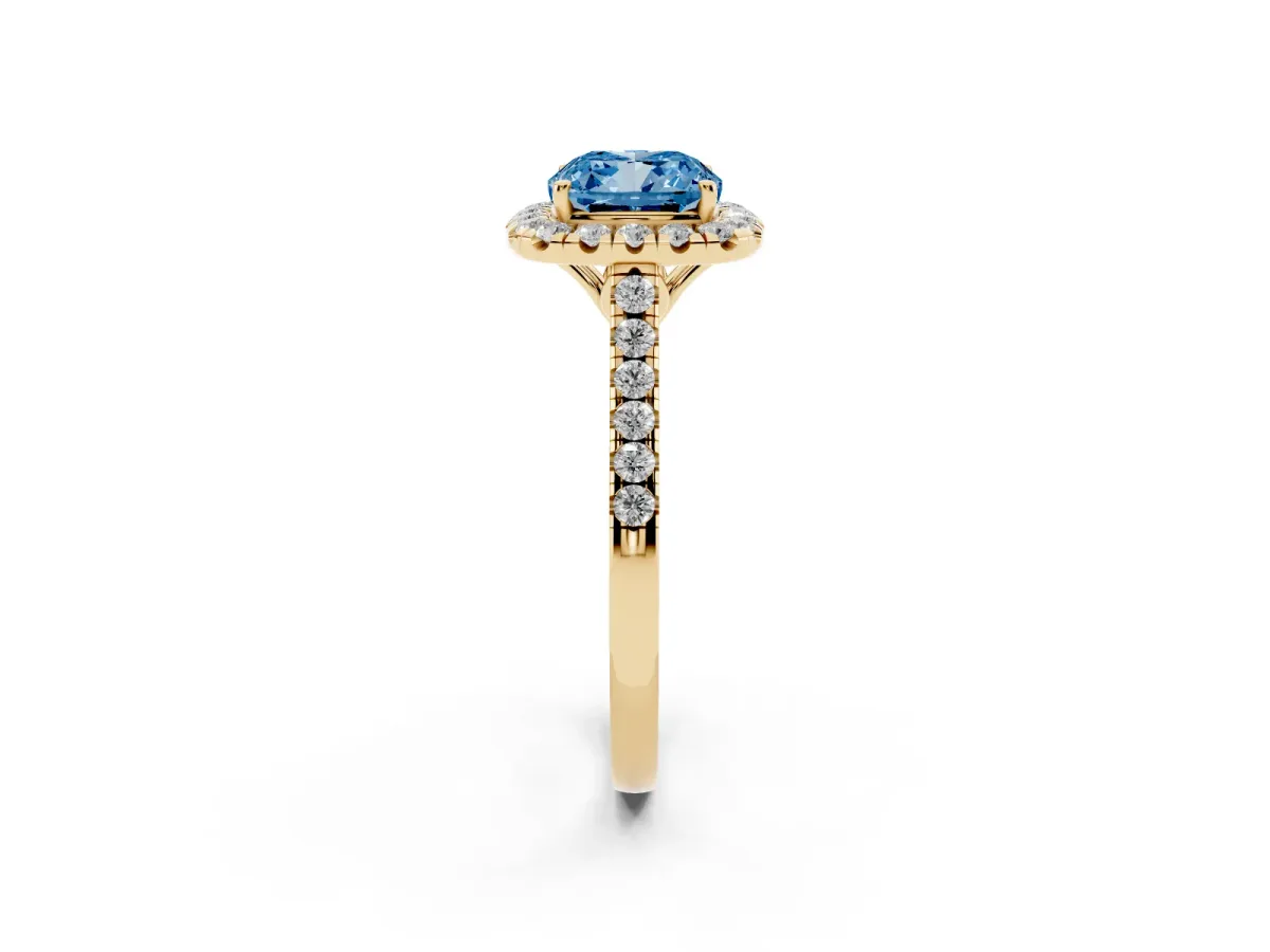 Fancy Blue Cushion Cut Halo Pavé Diamond Engagement Ring with Four-Prong Setting Yellow gold