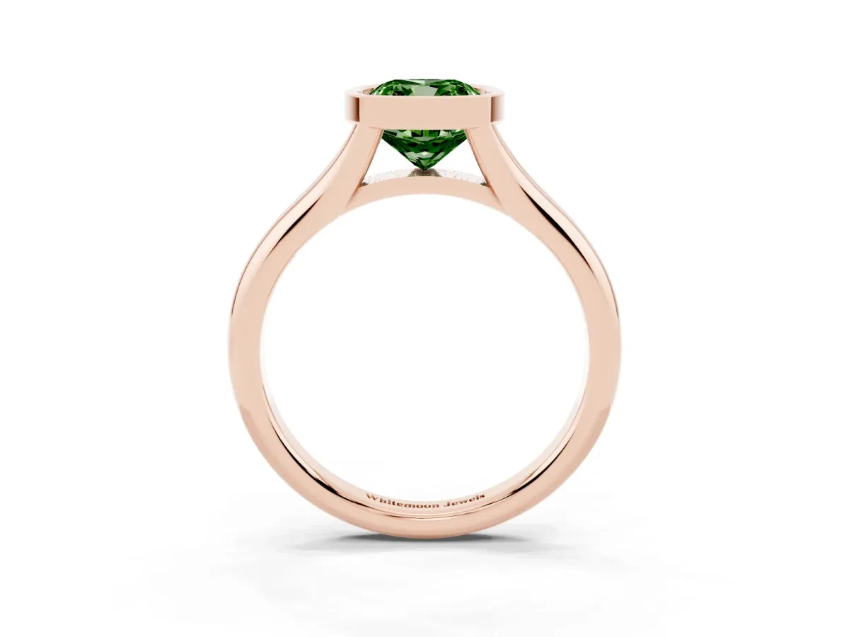 Fancy Green Bezel Set Cushion Cut Solitaire Diamond Ring with Smooth Band Rose gold