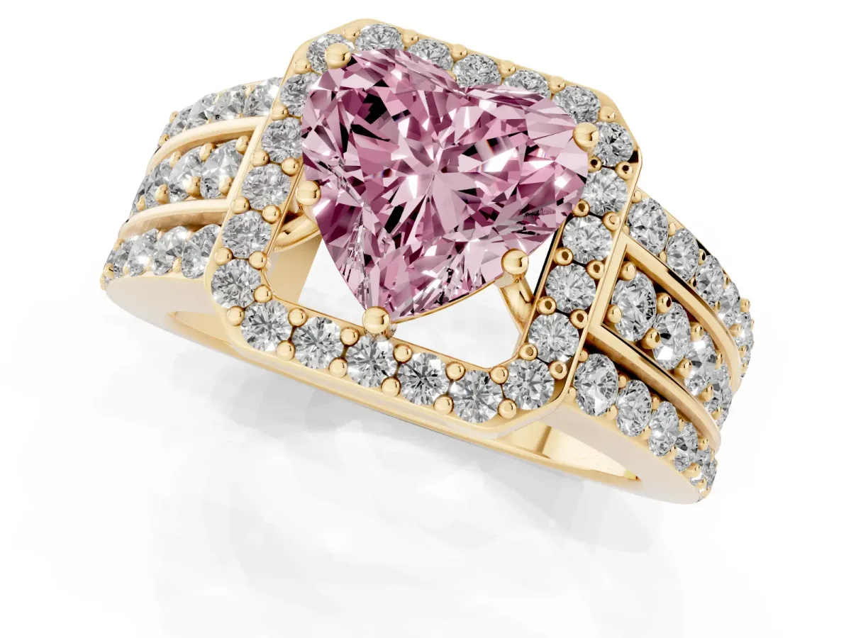 Fancy Pink Heart Cut Halo Diamond Ring with Round Split Shank and Prong Setting Yellow gold