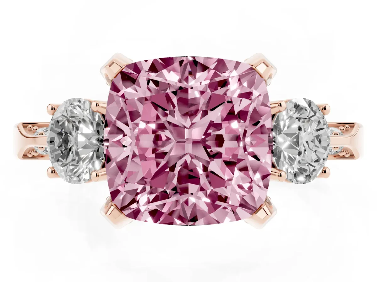 Fancy Pink Cushion Cut Brilliant Three-Stone Diamond Ring with Pavé Band and Four-Prong Setting Rose gold