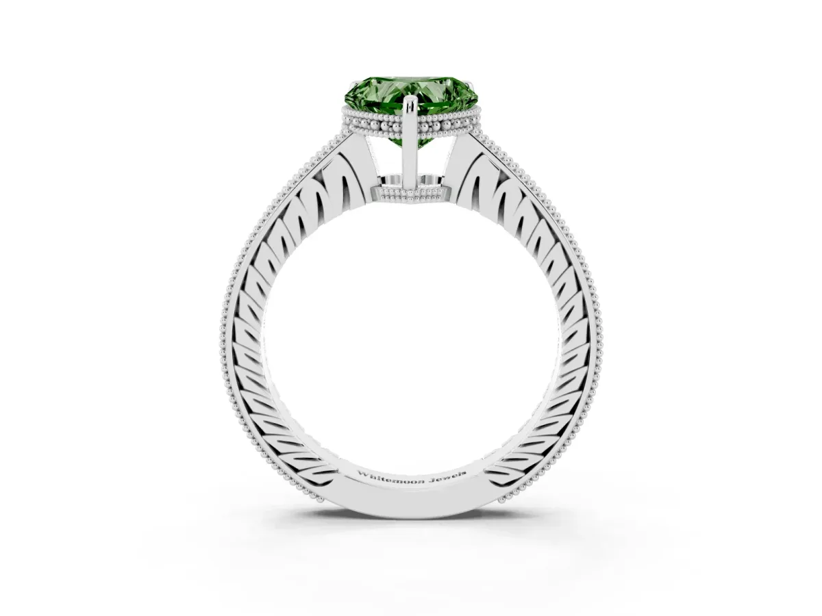 Fancy Green Heart Cut Solitaire Pavé Diamond Milgrain Engagement Ring with Four-Prong Setting Silver
