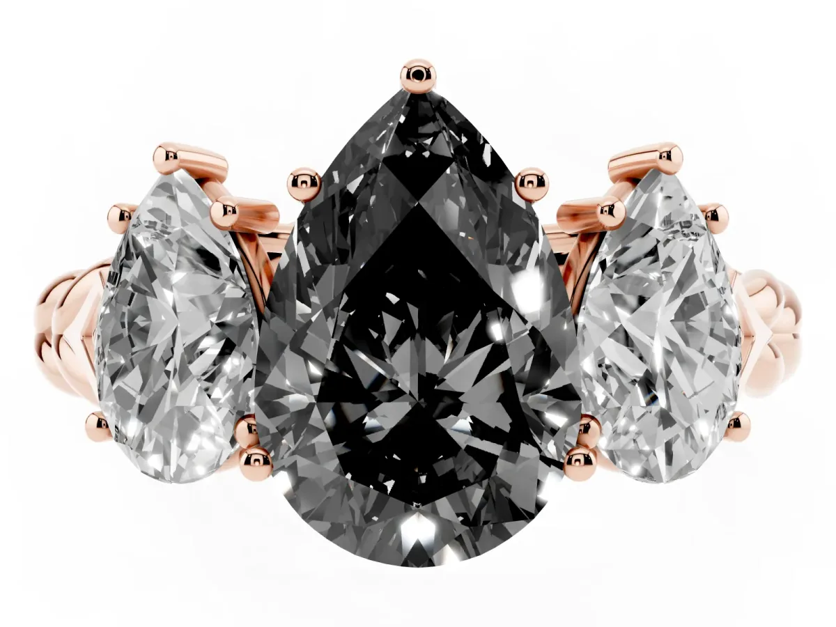 Fancy Black Three-Stone Pear Cut Diamond Braided Band Ring with Four-Prong Setting Rose gold
