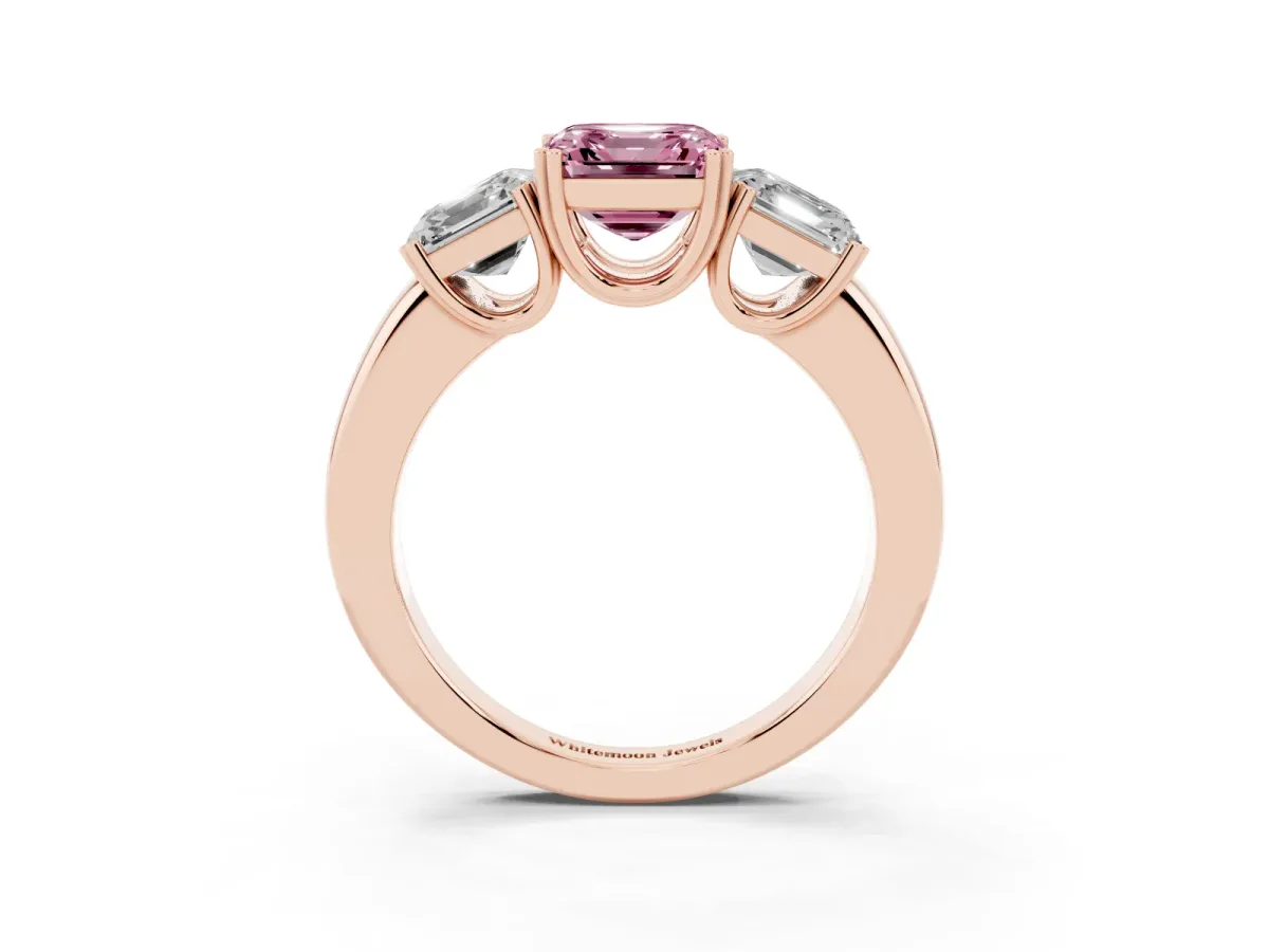 Fancy Pink Three-Stone Asscher Cut Cut Diamond Ring with Channel Set Band and Four-Prong Setting Rose gold