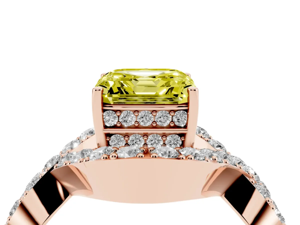 Fancy Yellow Asscher Cut Solitaire Twist Band Pavé Diamond Engagement Ring Rose gold