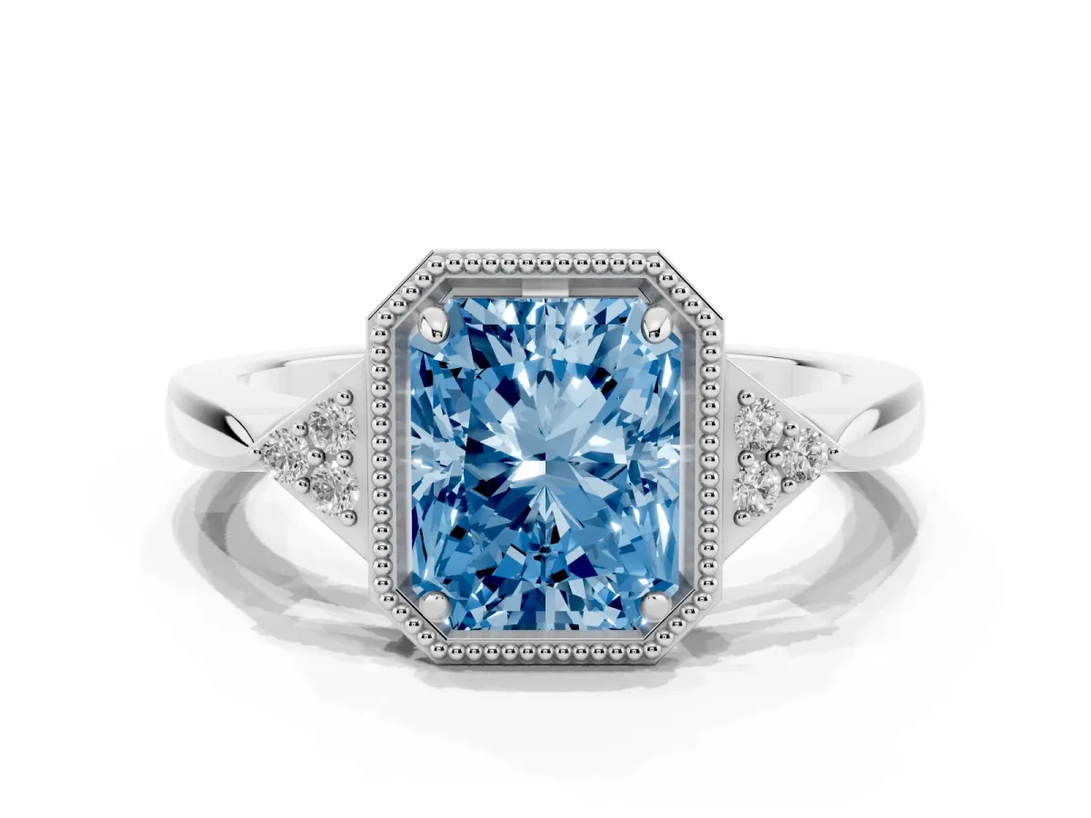 Fancy Blue Radiant Cut Diamond Halo Ring with Tapered Band and Four-Prong Setting Silver