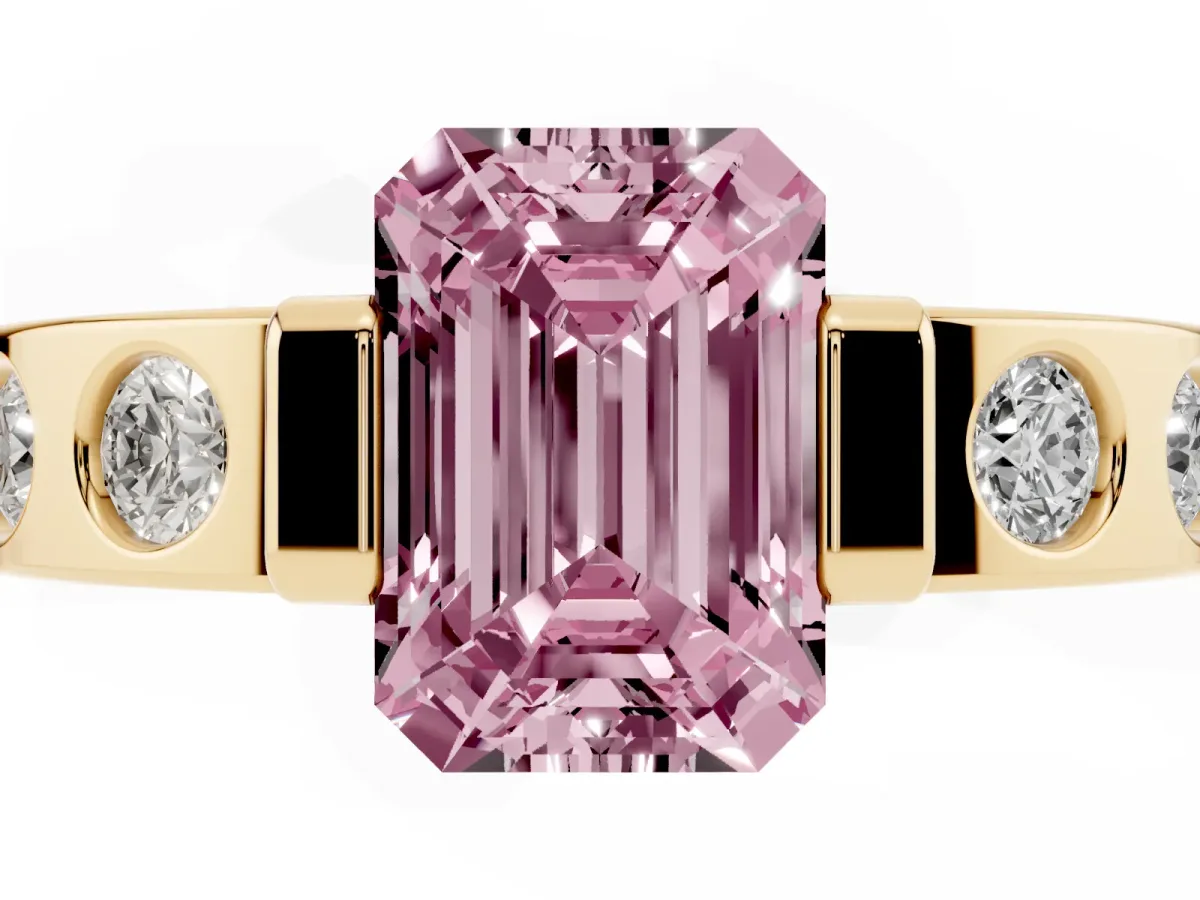 Fancy Pink Emerald Cut Brilliant Channel-Set Diamond Ring with Bezel Prong Setting Yellow gold