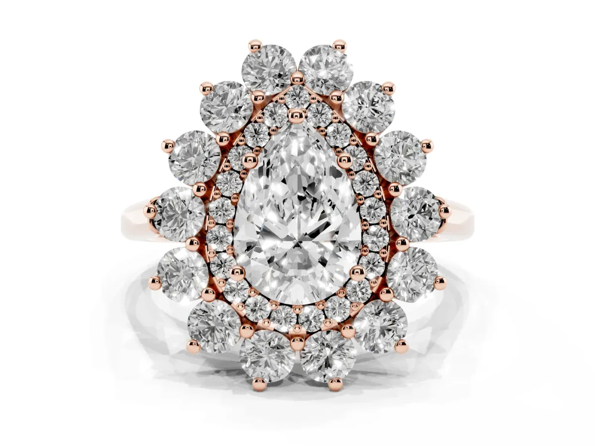 Pear Cut Diamond Floral Double Halo Engagement Ring with Prong Setting Rose gold