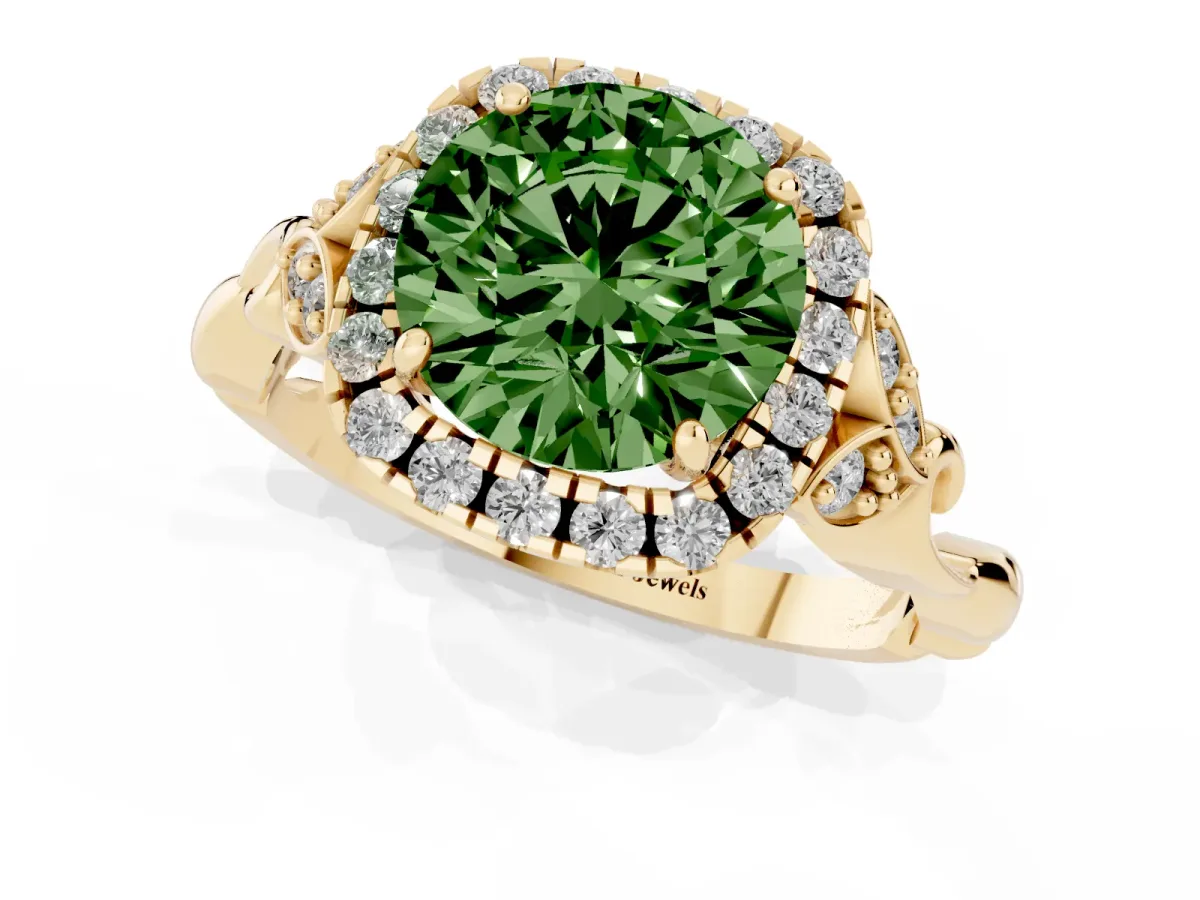 Fancy Green Round Cut Halo Diamond Engagement Ring with Vintage-Inspired Band and Four-Prong Setting Yellow gold