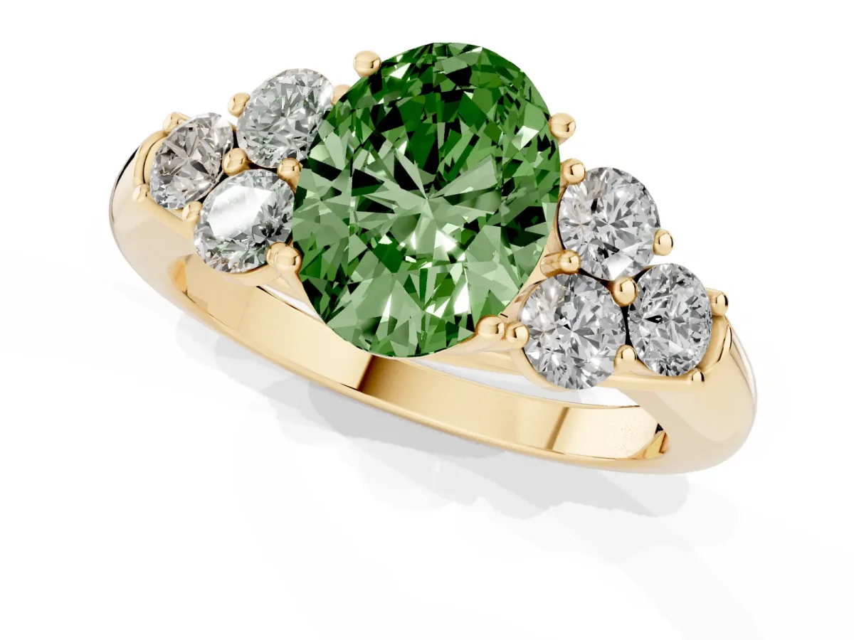 Fancy Green Oval Cut Cut Diamond Cluster Ring with Round Accent Stones and Prong Setting on a Classic Band Yellow gold