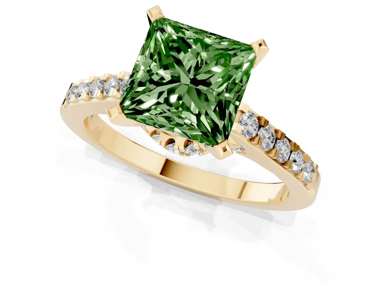 Fancy Green Princess Cut Diamond Solitaire Ring with Crossover Gallery and Round Pavé Band Yellow gold