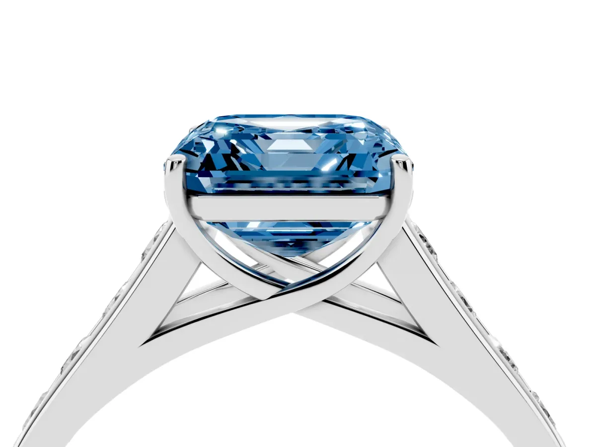 Fancy Blue Asscher Cut Brilliant Channel-Set Solitaire Ring with Four-Prong Setting Silver