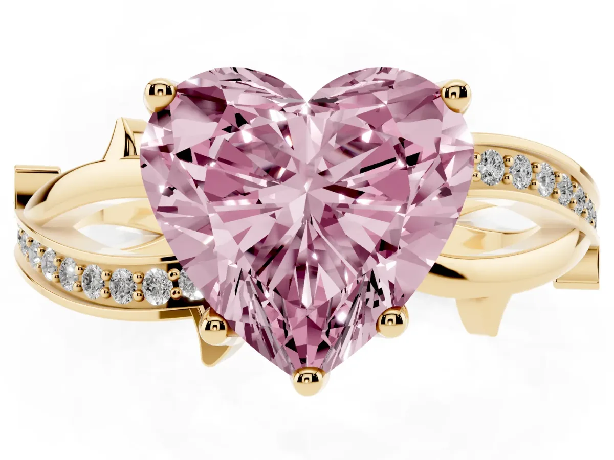 Fancy Pink Heart Cut Solitaire Twist Band with Pavé Accents and Four-Prong Setting Yellow gold