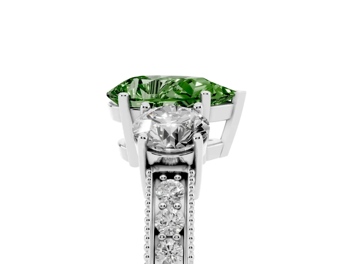 Fancy Green Pear Cut Three-Stone Diamond Ring with Pavé Band and Four-Prong Setting Silver