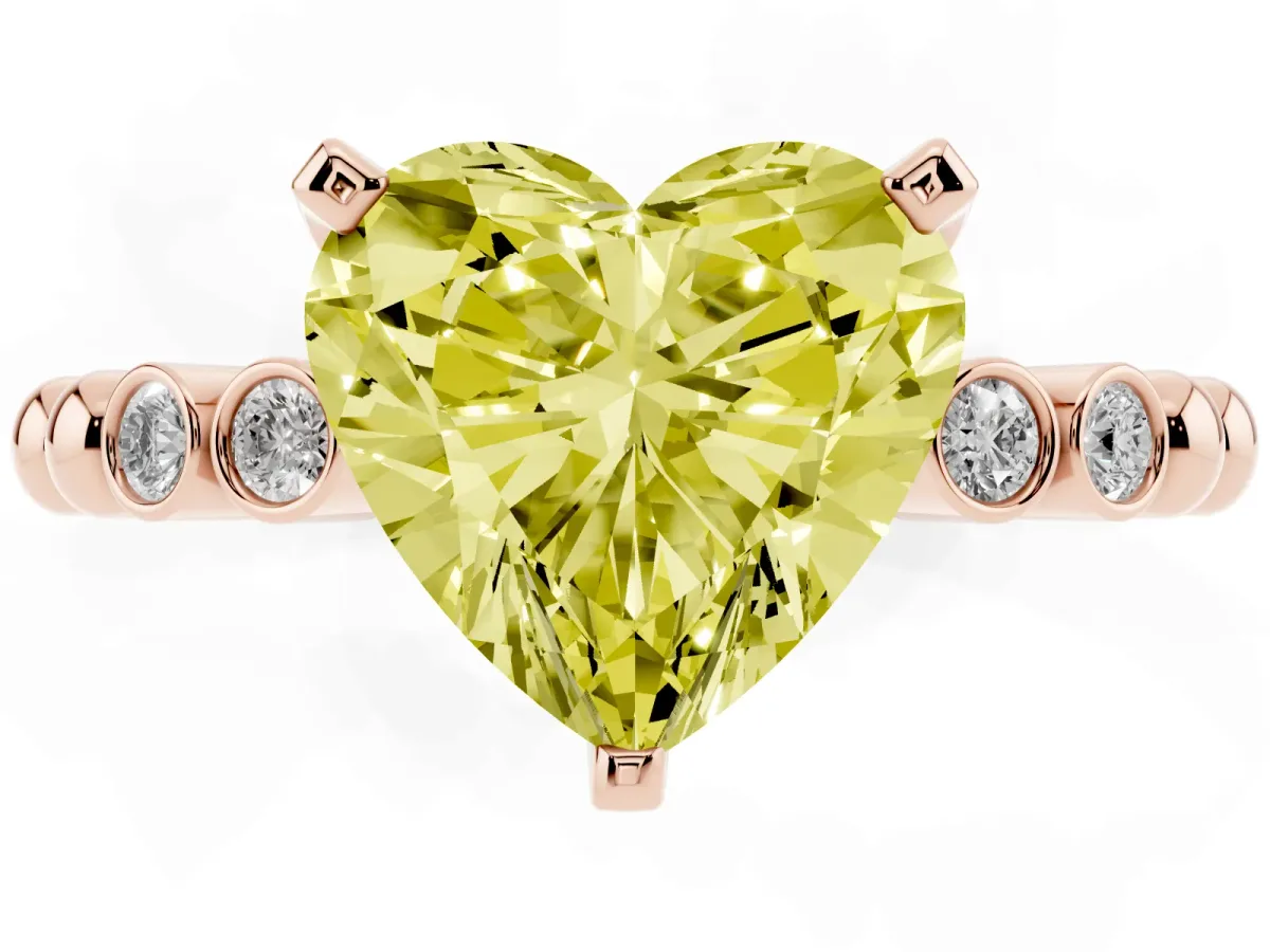Fancy Yellow Heart Cut Solitaire Bezel Accent Diamond Engagement Ring with Beaded Band and Four-Prong Setting Rose gold