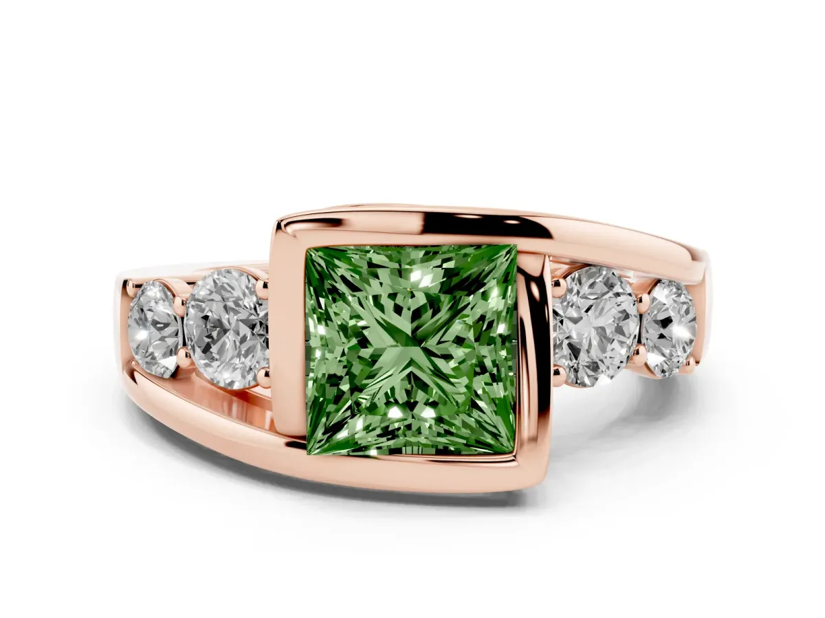 Fancy Green Bezel Set Princess Cut Diamond Bypass Ring with Round Accents Rose gold