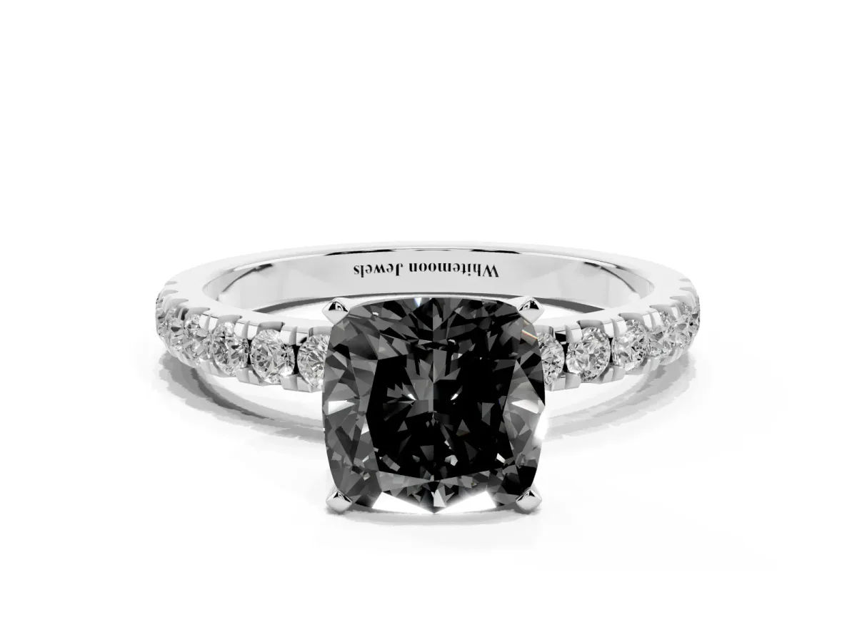 Fancy Black Cushion Cut Diamond Solitaire Ring with Pavé Accents and Four-Prong Setting Platinum