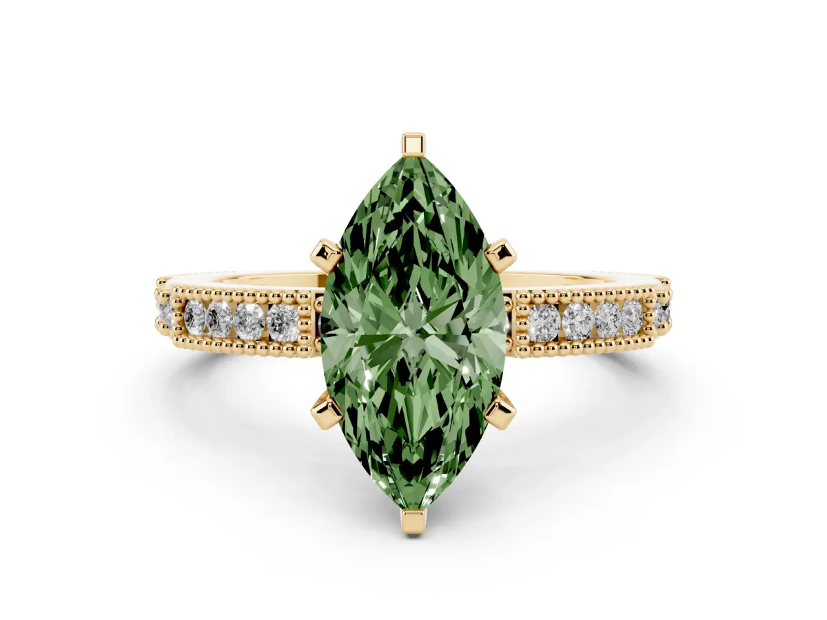 Fancy Green Marquise Cut Solitaire with Pavé Band and Four-Prong Setting Yellow gold
