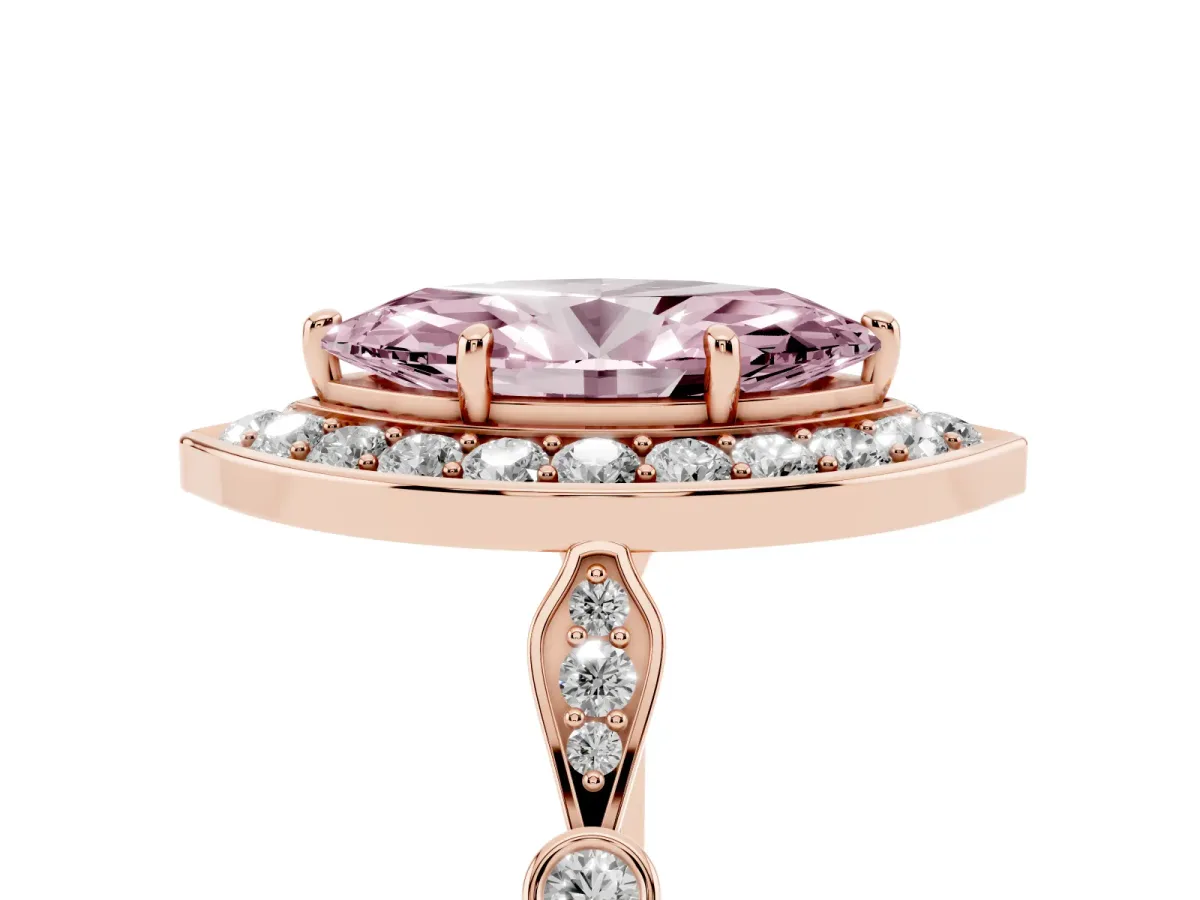 Fancy Pink Marquise Cut Halo Diamond Engagement Ring with Twisted Band and Four-Prong Setting Rose gold
