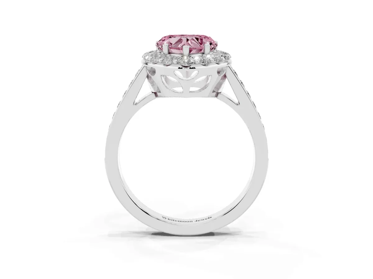 Fancy Pink Heart Cut Diamond Floral Halo Ring with Pavé Band and Prong Setting White gold