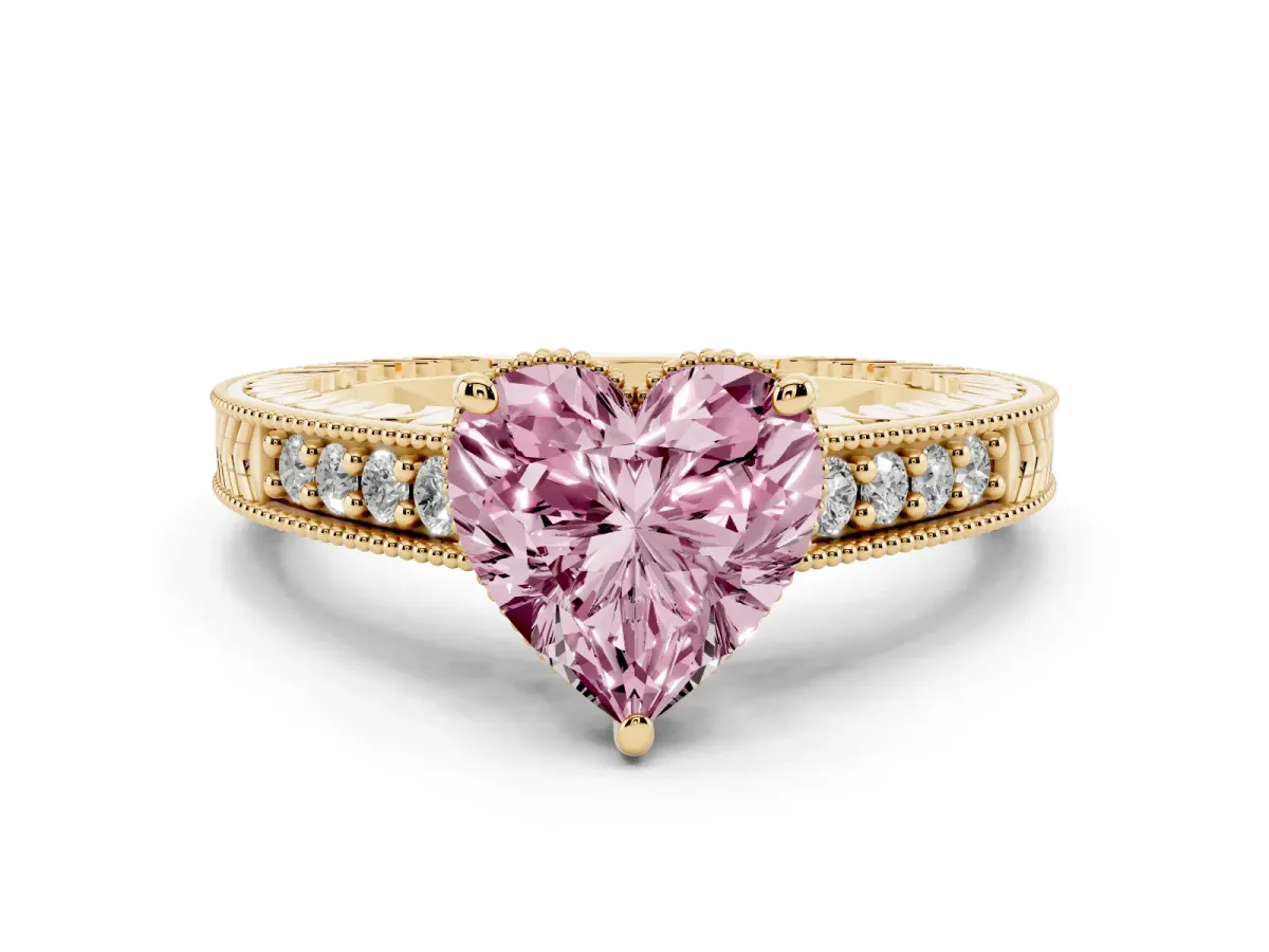 Fancy Pink Heart Cut Solitaire Pavé Diamond Milgrain Engagement Ring with Four-Prong Setting Yellow gold