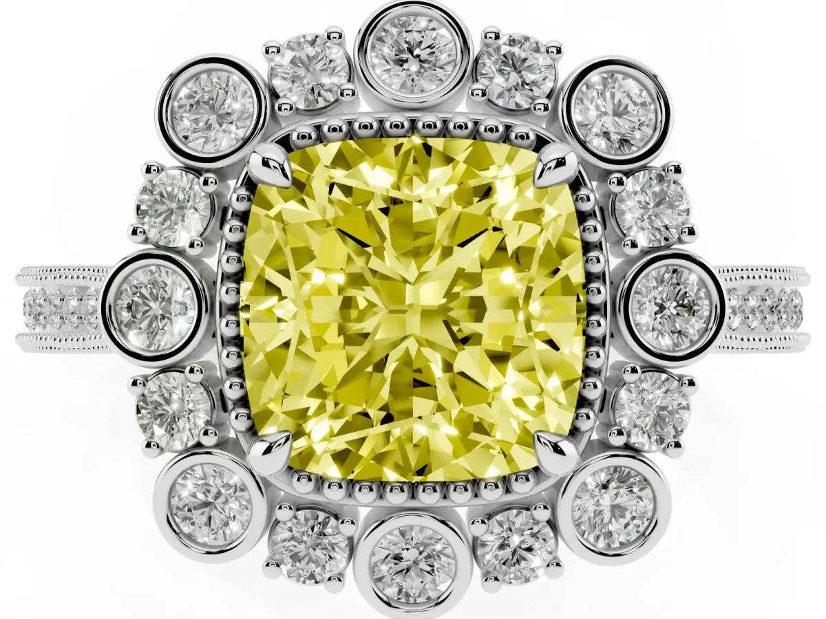 Fancy Yellow Cushion Cut Halo Milgrain Pave Diamond Ring with Four-Prong Setting Silver