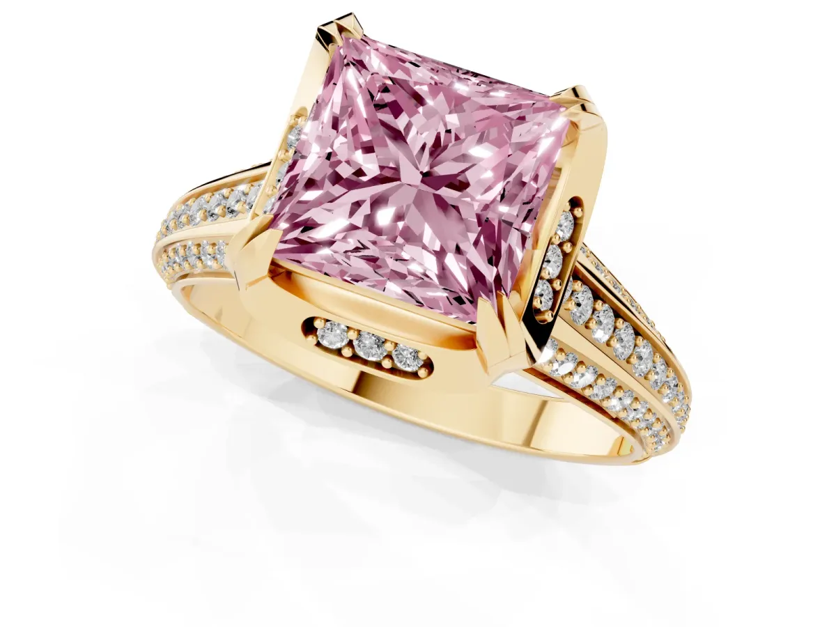 Fancy Pink Princess Cut Solitaire Pave Split Shank Ring with Four-Prong Setting Yellow gold