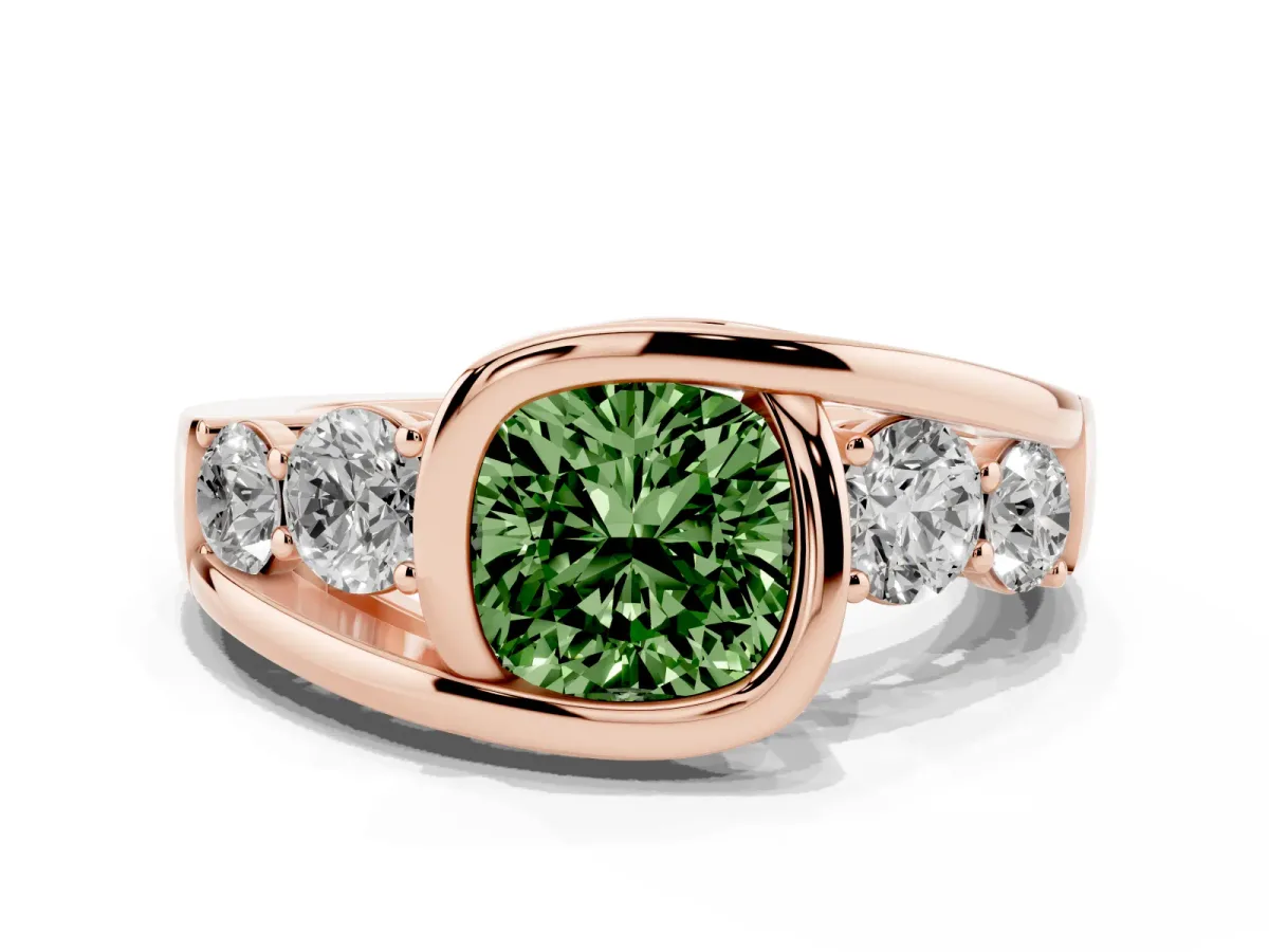 Fancy Green Bezel Set Cushion Cut Diamond Bypass Ring with Round Accents Rose gold