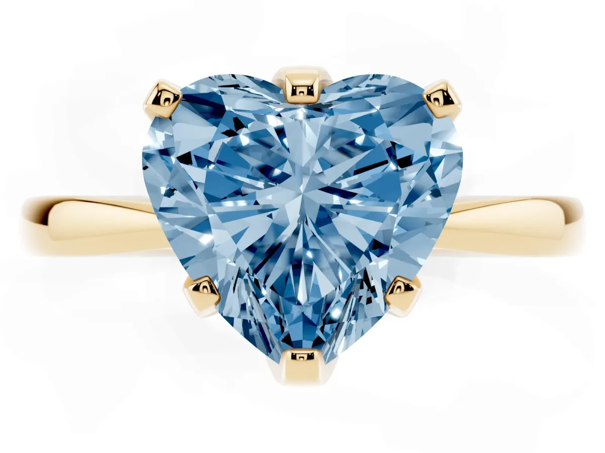Fancy Blue Heart Cut Solitaire Engagement Ring with Six-Prong Setting and Tapered Band Yellow gold