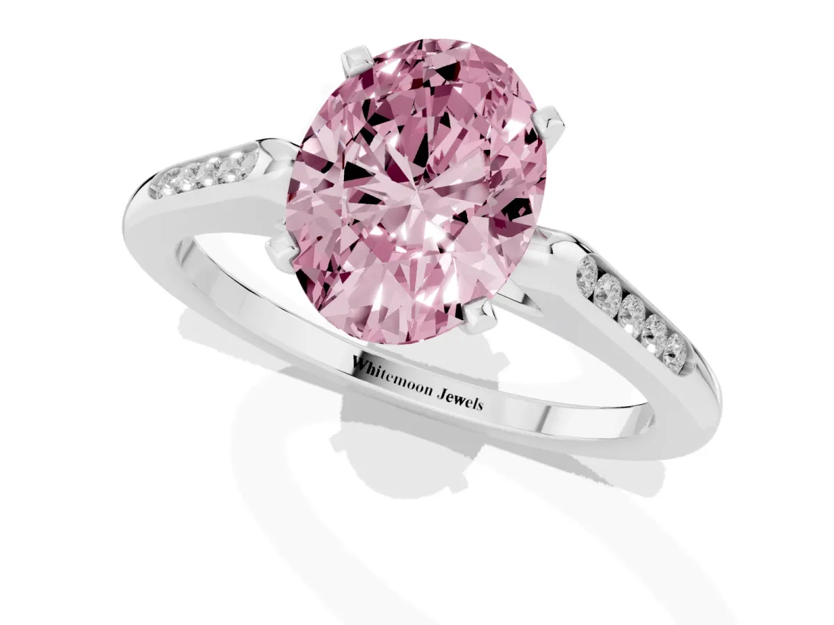 Fancy Pink Oval Cut Diamond Solitaire Ring with Channel Set Round Band and Prong Setting Silver