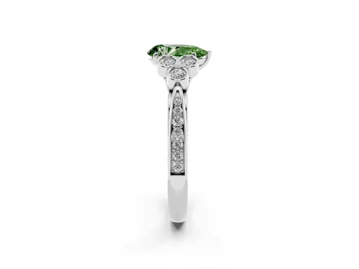 Fancy Green Pear Cut Cut Diamond Engagement Ring with Bezel Set Round Side Stones and Prong Setting Silver