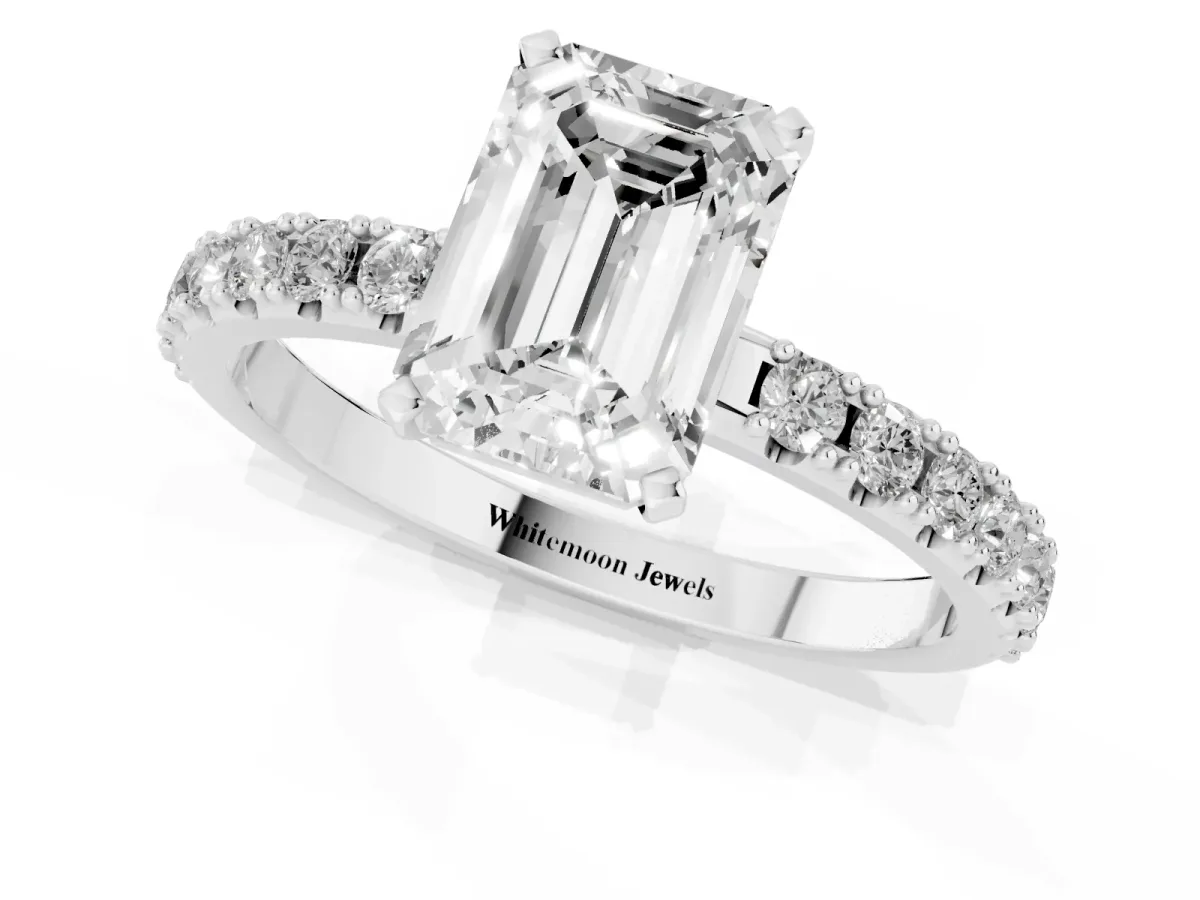 Emerald Cut Diamond Solitaire Pavé Band with Four-Prong Setting Platinum