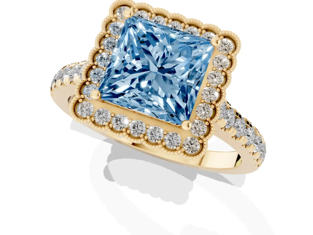 Fancy Blue Princess Cut Cut Diamond Milgrain Floral Halo Engagement Ring with Pavé Band Yellow gold